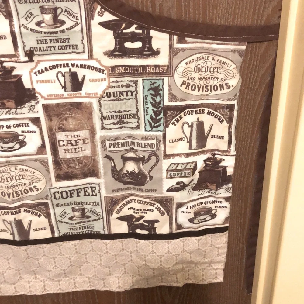 Coffee Motif Cotton Apron - 25”x28”, each waist tie is 24” long